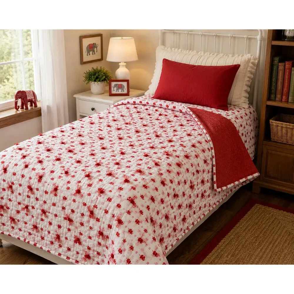 Handmade Red Elephant Hand-Tied Quilt 55 x 70